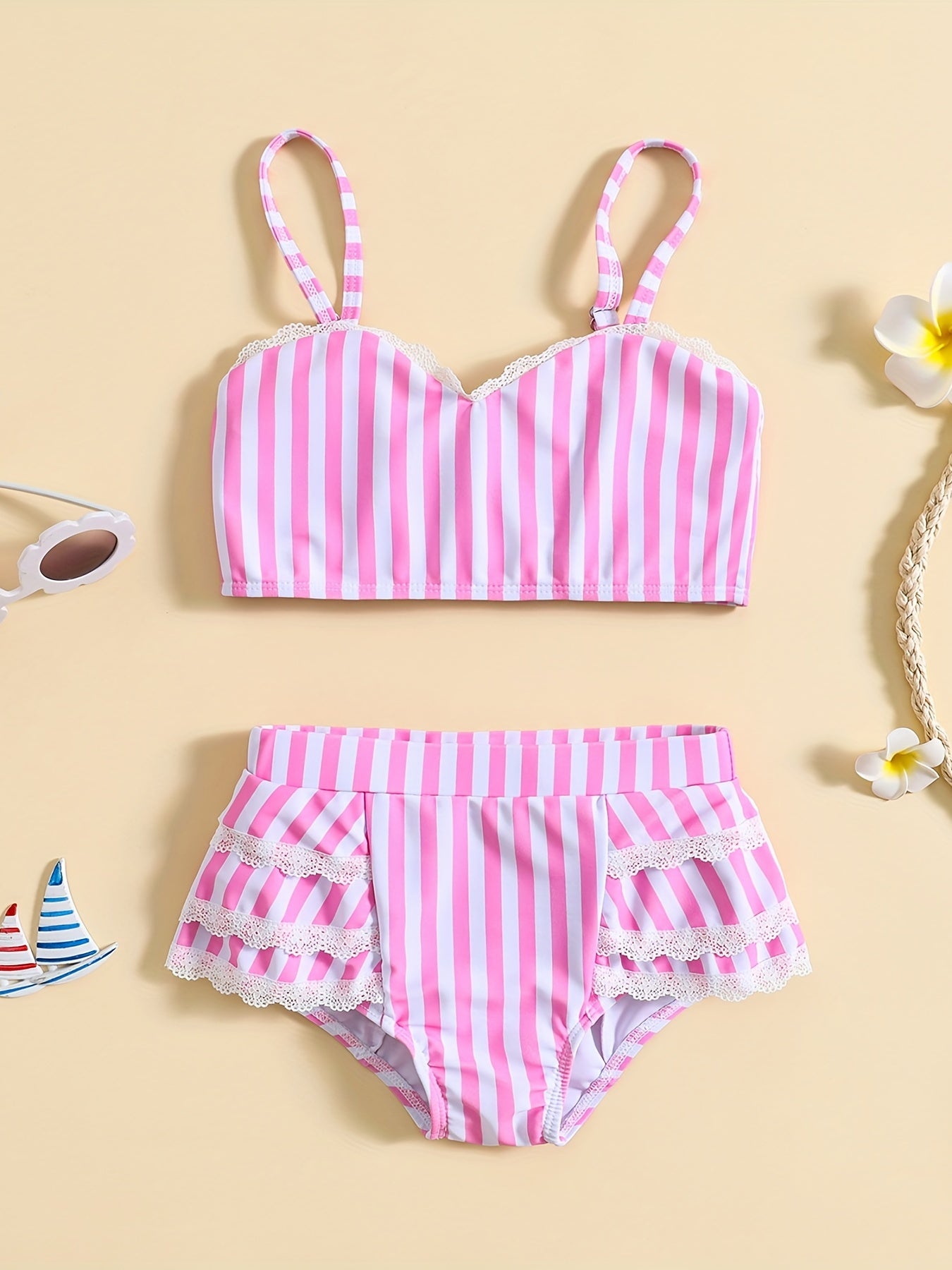 Girls Striped Cami Top & Mid Stretch Shorts Bikini Tankini Swimsuit Set