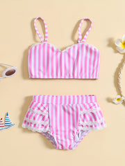 Girls Striped Cami Top & Mid Stretch Shorts Bikini Tankini Swimsuit Set