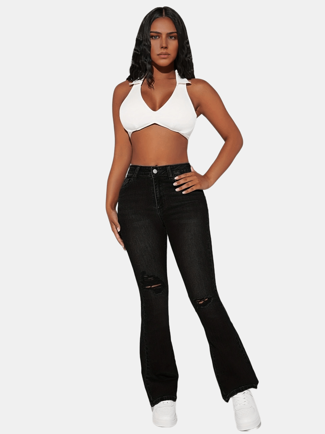 High Rise Ripped Thigh Bootcut Jeans Embossed Crotch Distressed Flare Jeans