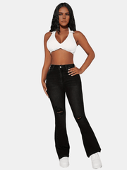 High Rise Ripped Thigh Bootcut Jeans Embossed Crotch Distressed Flare Jeans