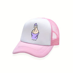 Heart Gesture Print Trucker Hat Y2K Pink Block Baseball Cap