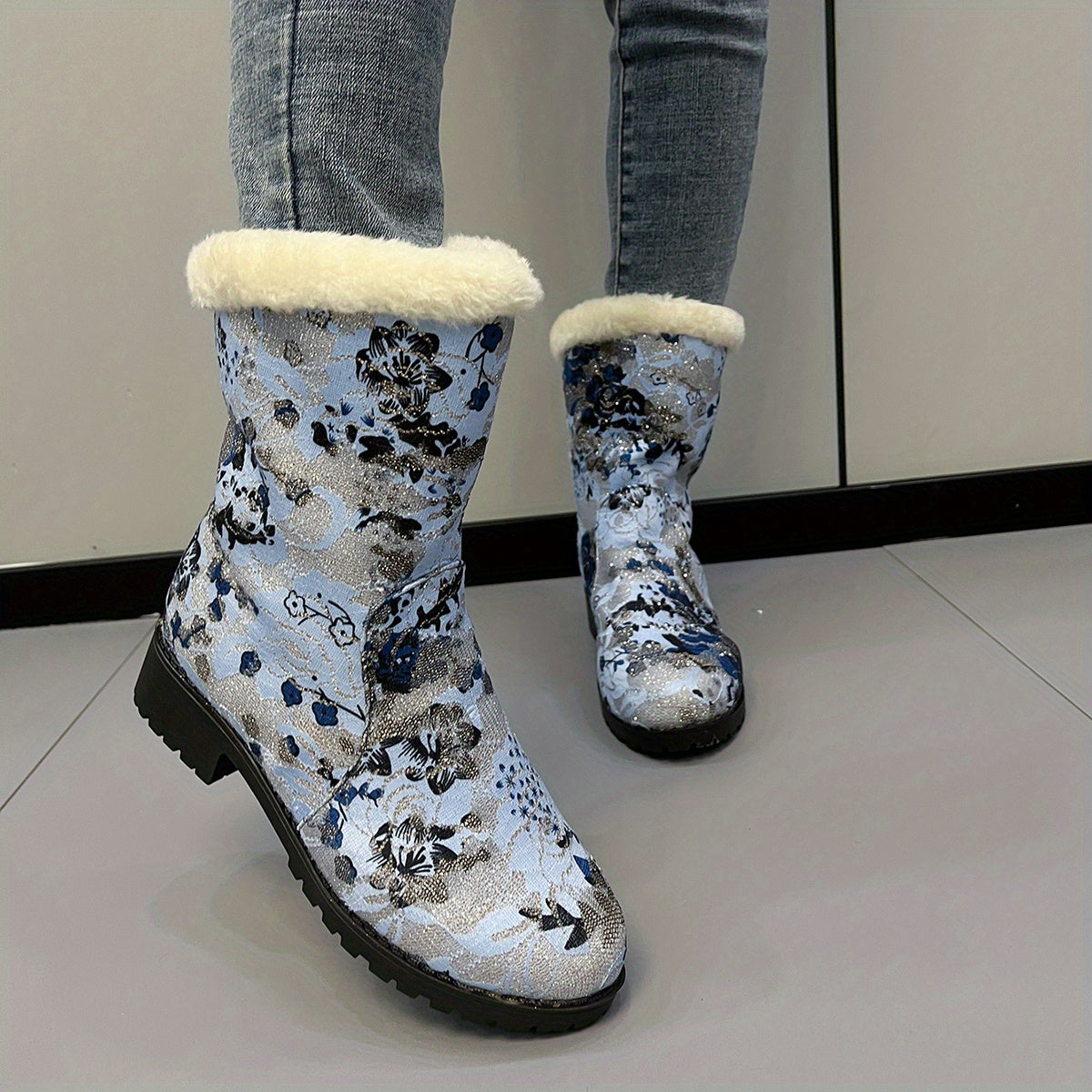 Women's Plush Snow Boots Mid Calf Comfortable Outdoor Sneakers