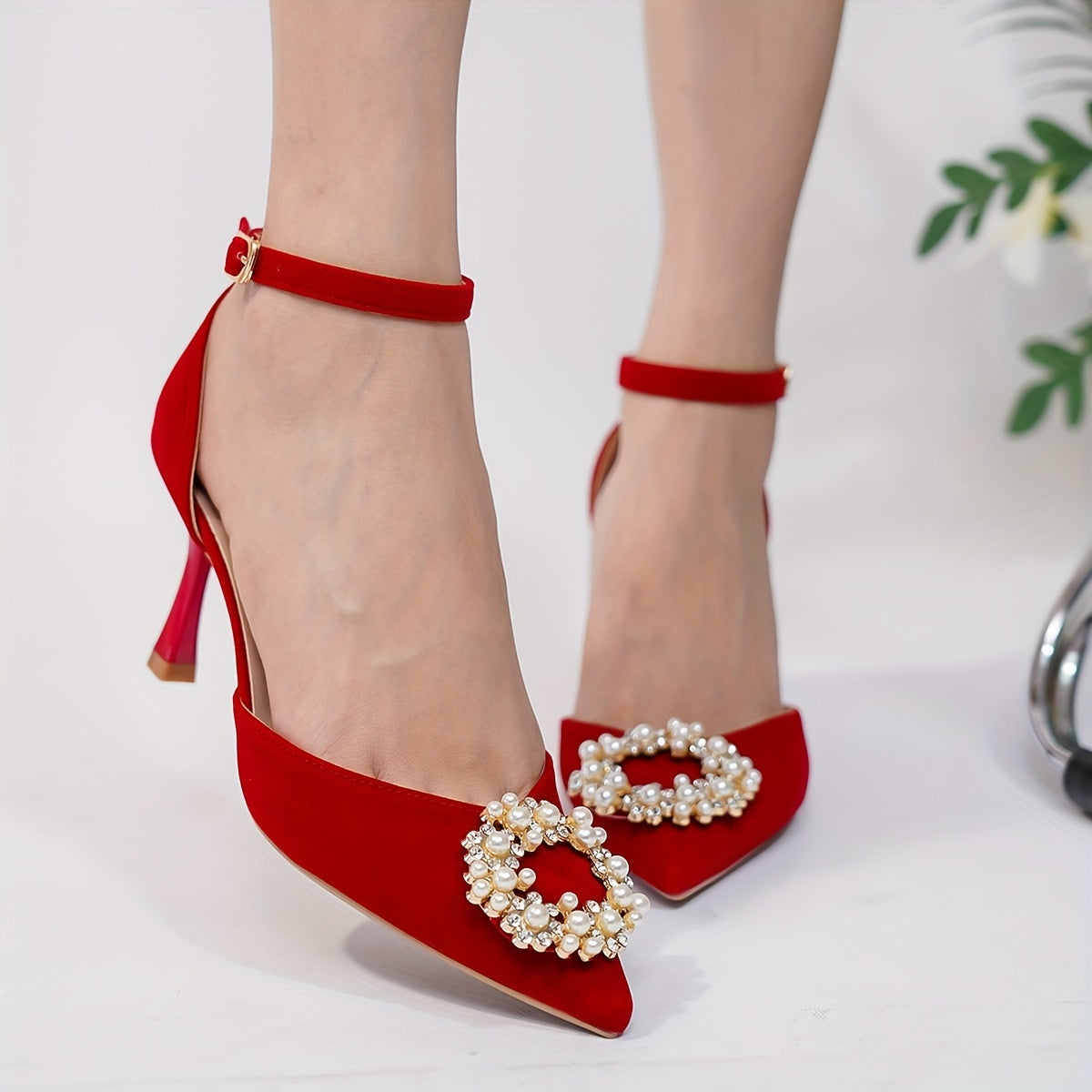 Pearl & Rhinestone Stiletto Heels Point Toe Pumps Wedding Shoes