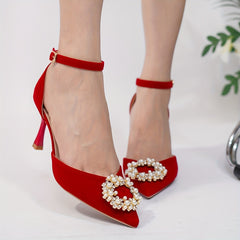 Pearl & Rhinestone Stiletto Heels Point Toe Pumps Wedding Shoes