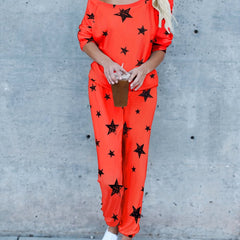 Star Print Two Piece Set Crew Neck Long Sleeve Top & Pants Outfit