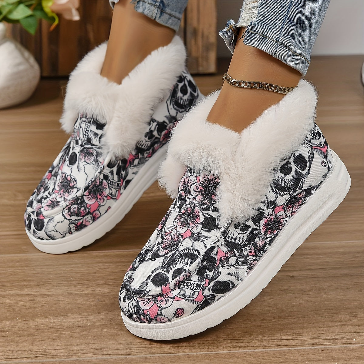 Skull Print Plush Lined Snow Boots High Top Warm Loafers