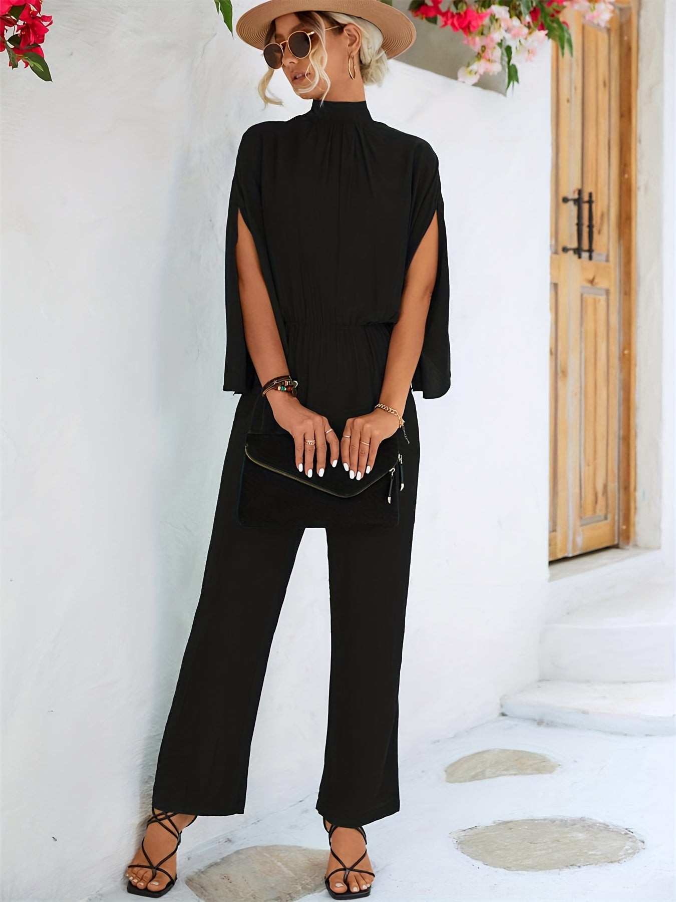 Solid Cape Sleeve Jumpsuit with Tie Back