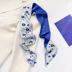 Floral Print Skinny Scarf Satin Neckerchief Long Ribbon Twilly Scarf