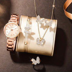 Rhinestone Quartz Watch & 5pc Jewelry Set