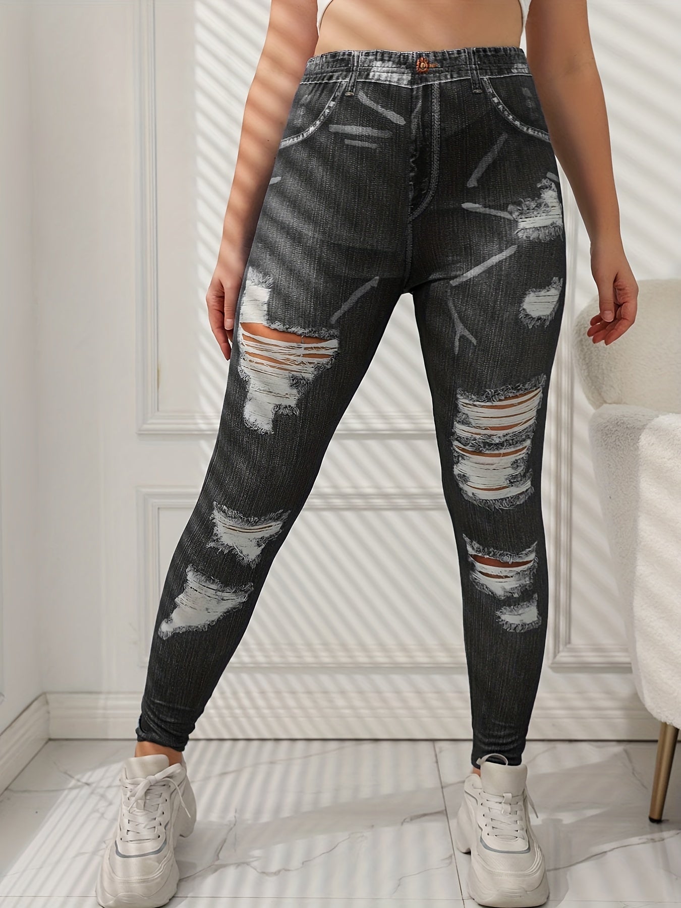 Denim Print Ripped Skinny Leggings Casual Stretchy Women's Clothing