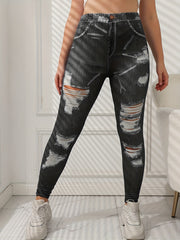Denim Print Ripped Skinny Leggings Casual Stretchy Women's Clothing