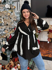 Brush Print Long Sleeve Surplice Neck Peplum Top