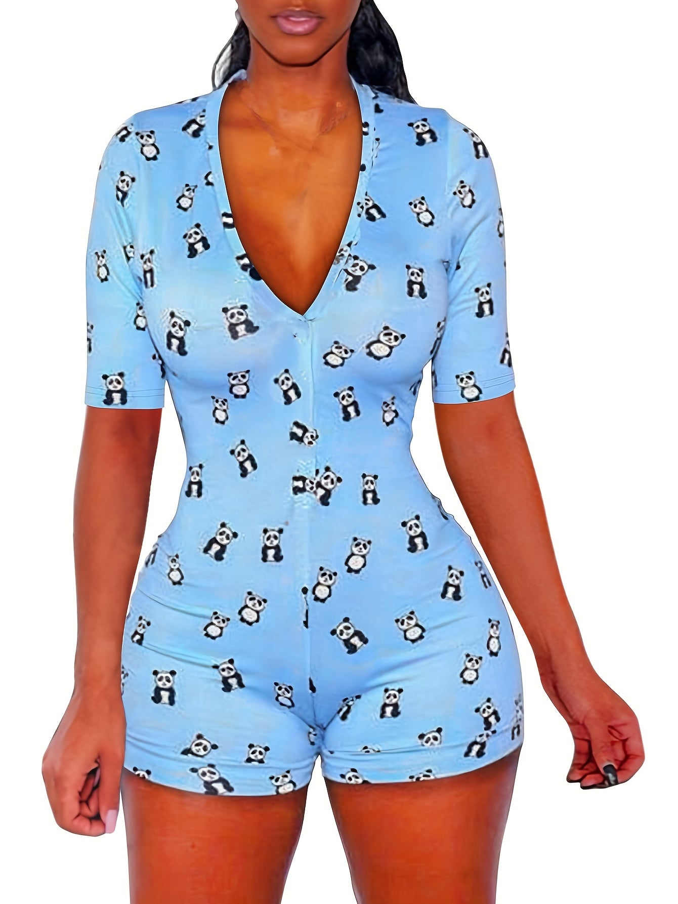 Panda Print Lounge Bodysuit Short Sleeve Romper