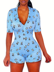Panda Print Lounge Bodysuit Short Sleeve Romper