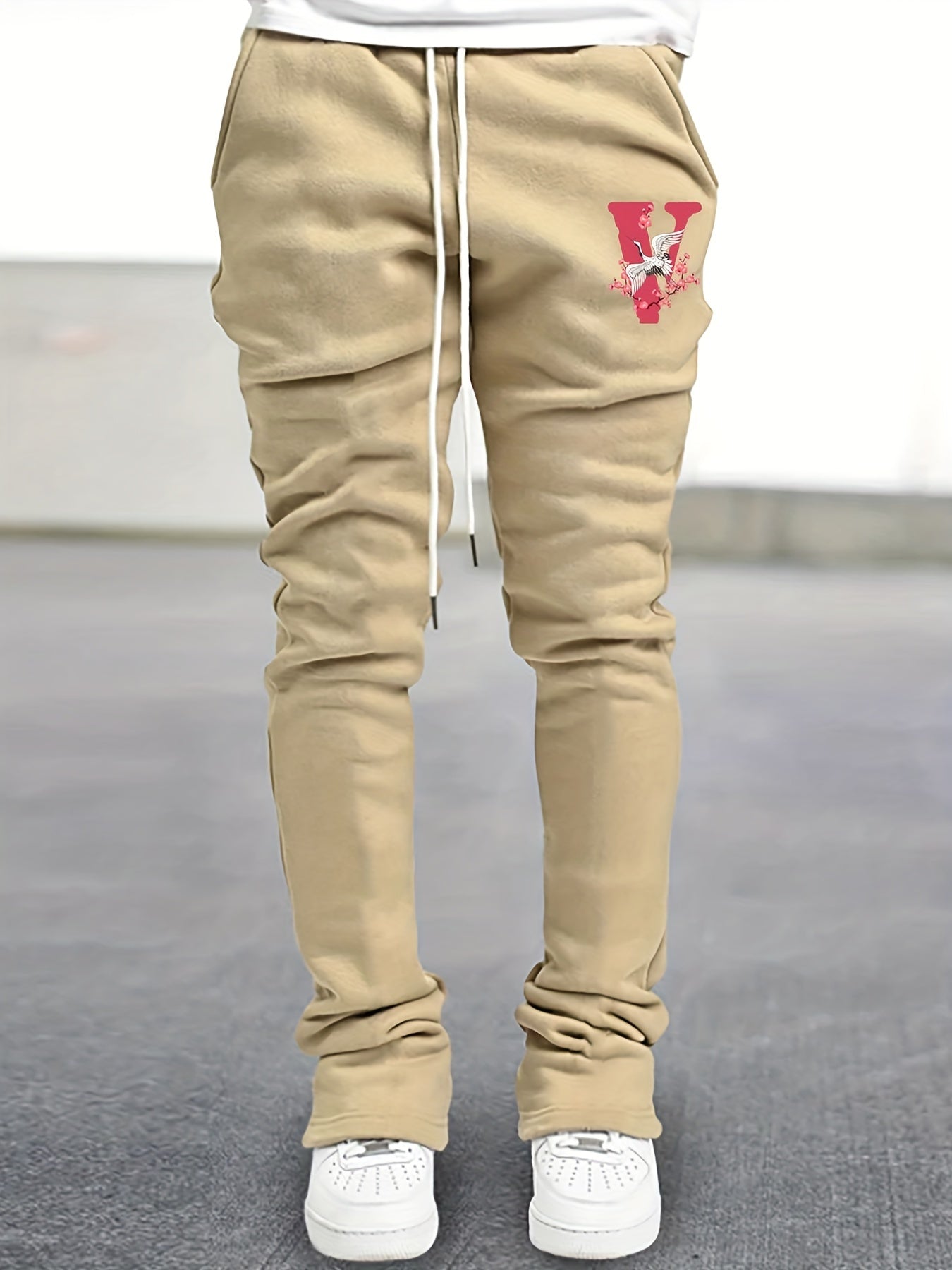 Crane & Floral Print Flared Trousers Men's Hip Hop Joggers