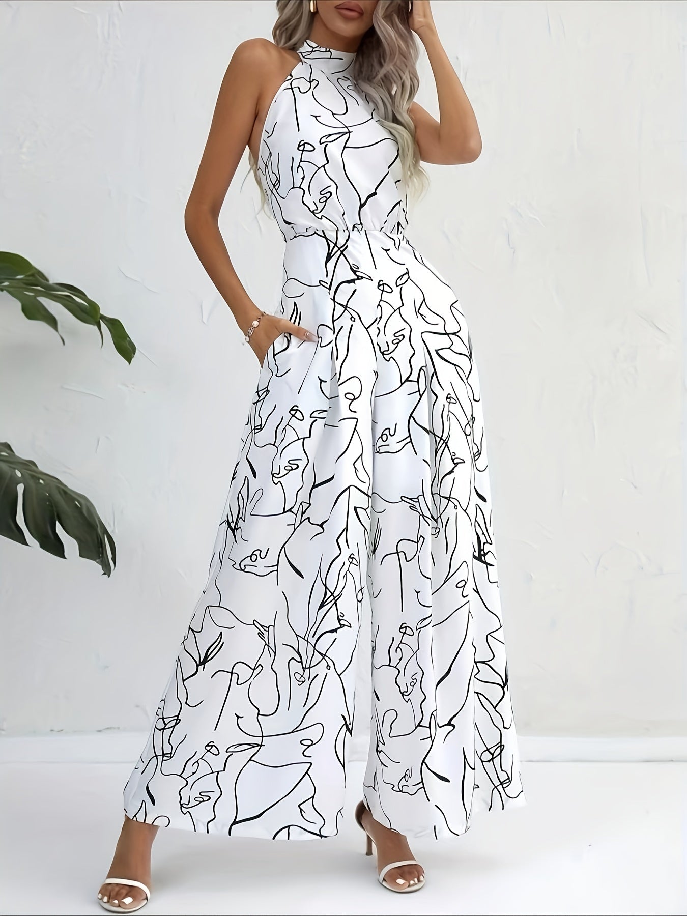 Printed Halter Neck Wide Leg Jumpsuit for Women