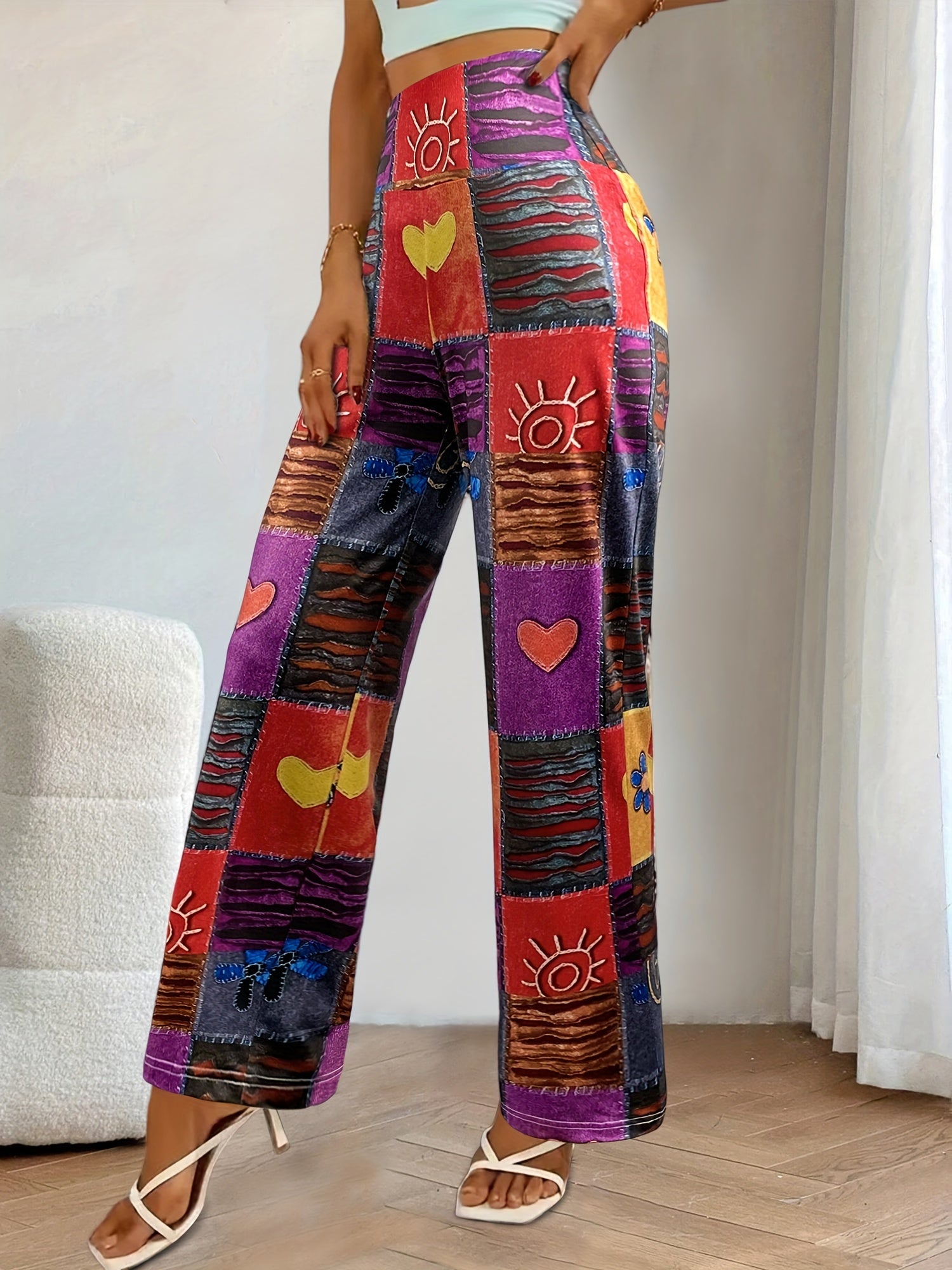 Hippie Patchwork Wide Leg Pants Casual Loose Fit Women's Clothing