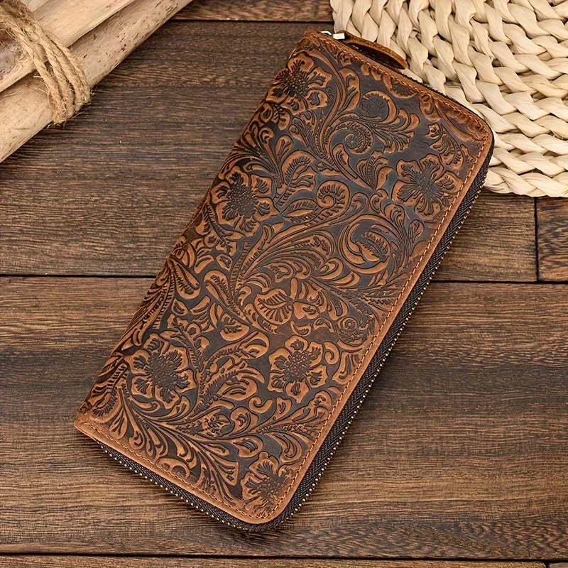 Men's Vintage Travel Wallet Top Grain Leather with Wristlet Zipper Closure