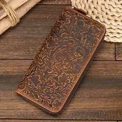 Men's Vintage Travel Wallet Top Grain Leather with Wristlet Zipper Closure