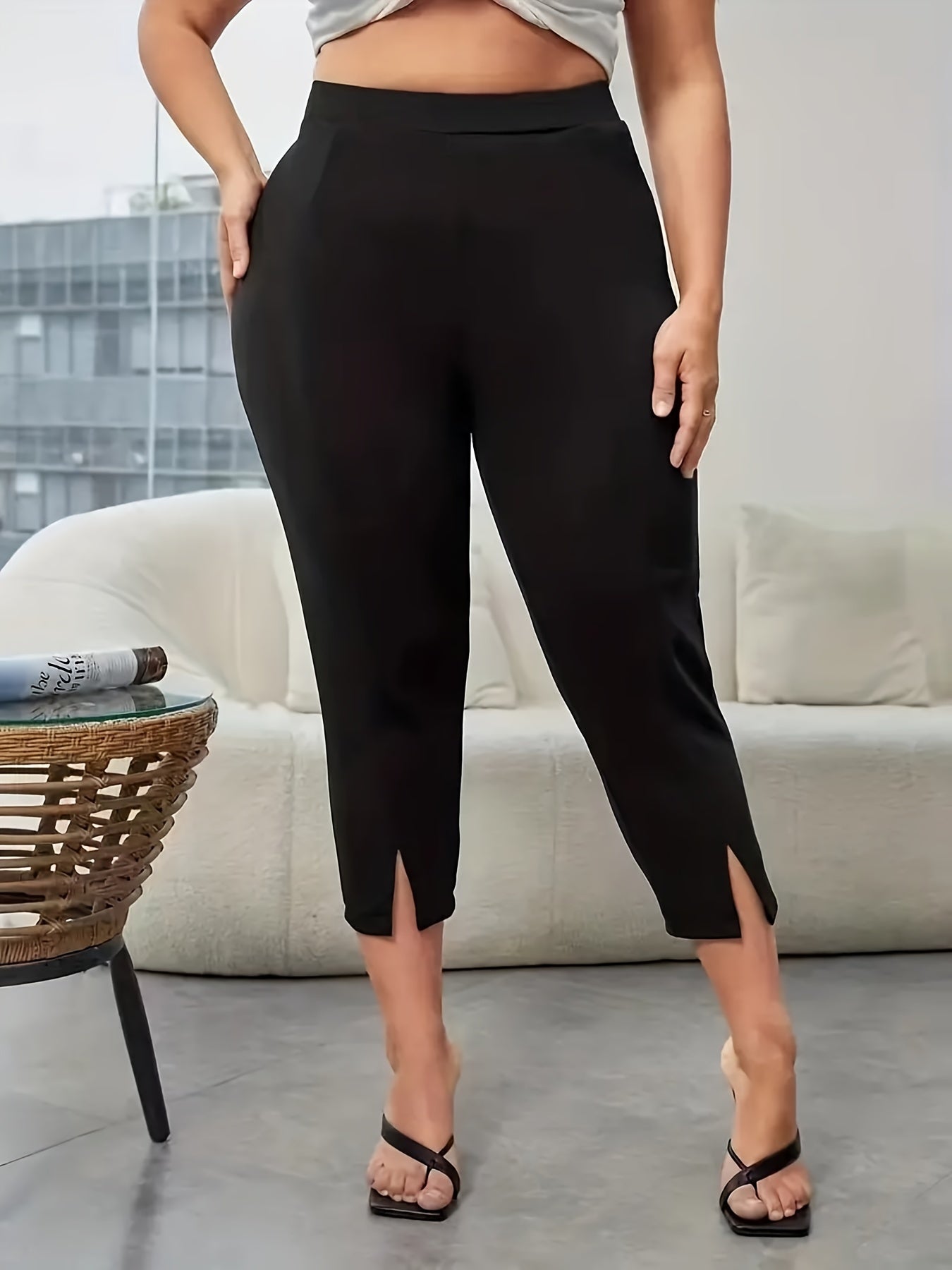 Solid Cropped Pants Slim High Waist Casual
