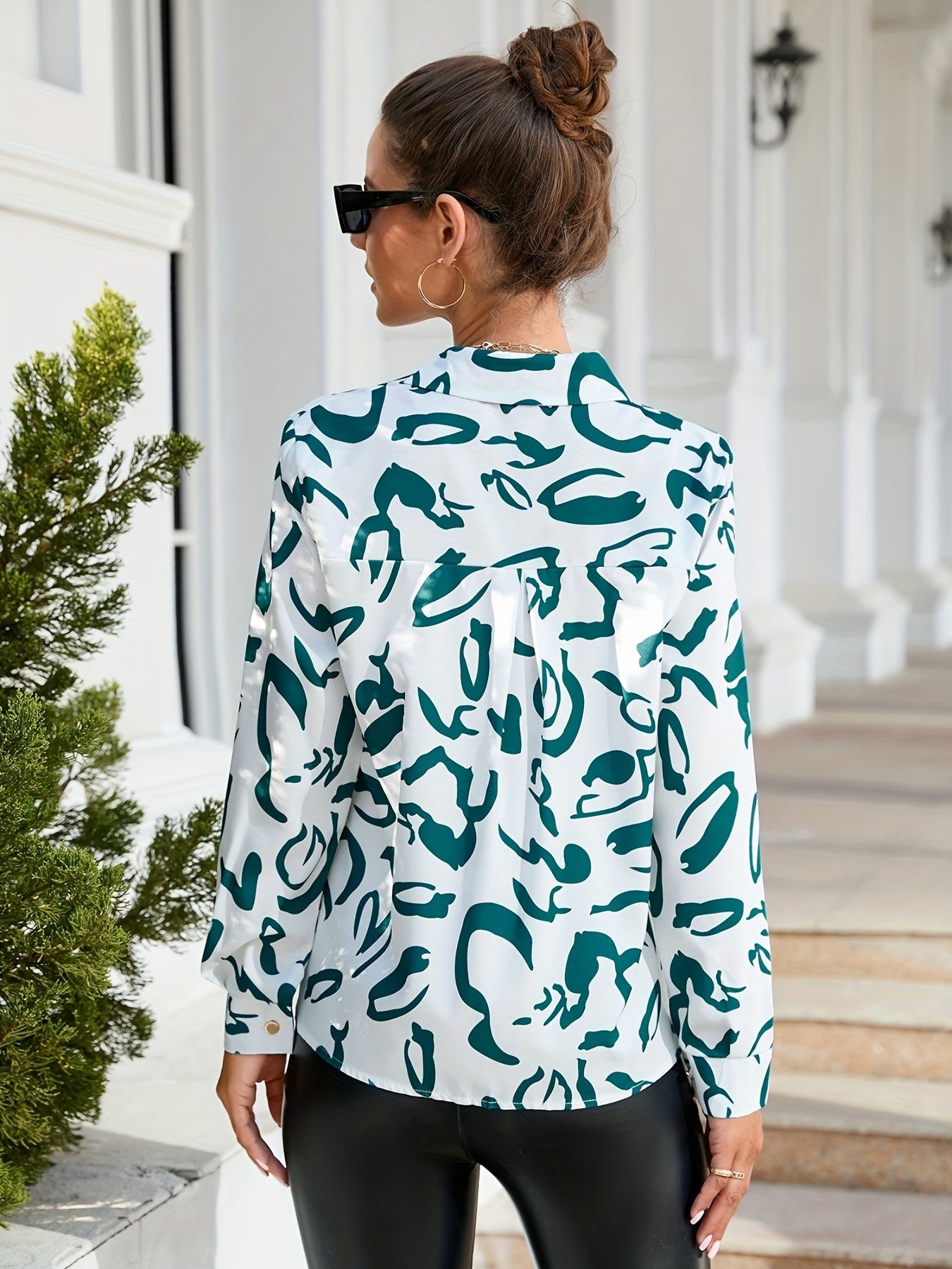 Graffiti Print Button Up Long Sleeve Blouse