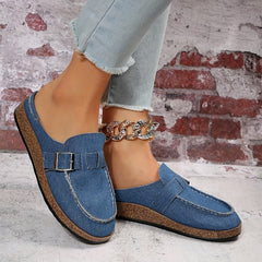 Women's Denim Cork Mules Closed Toe Canvas Flat Shoes