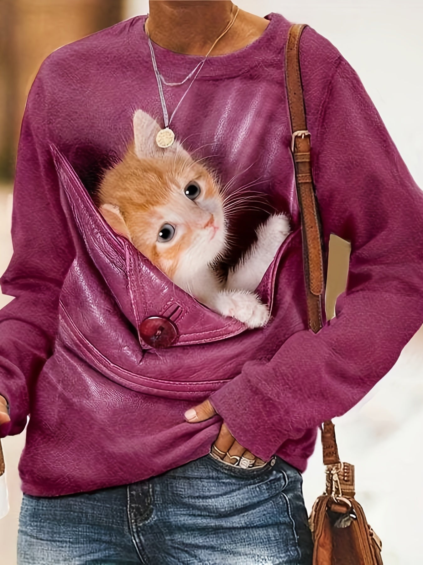 Cat Print Pullover Sweatshirt Casual Long Sleeve Crew Neck Sweatshirt