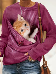 Cat Print Pullover Sweatshirt Casual Long Sleeve Crew Neck Sweatshirt