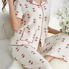 Heart Print Pajama Set Short Sleeve Top & Pants Women's Sleepwear