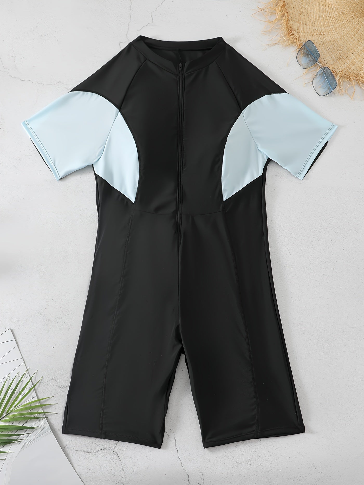 Colorblock Zip Up One Piece Surfing Suit