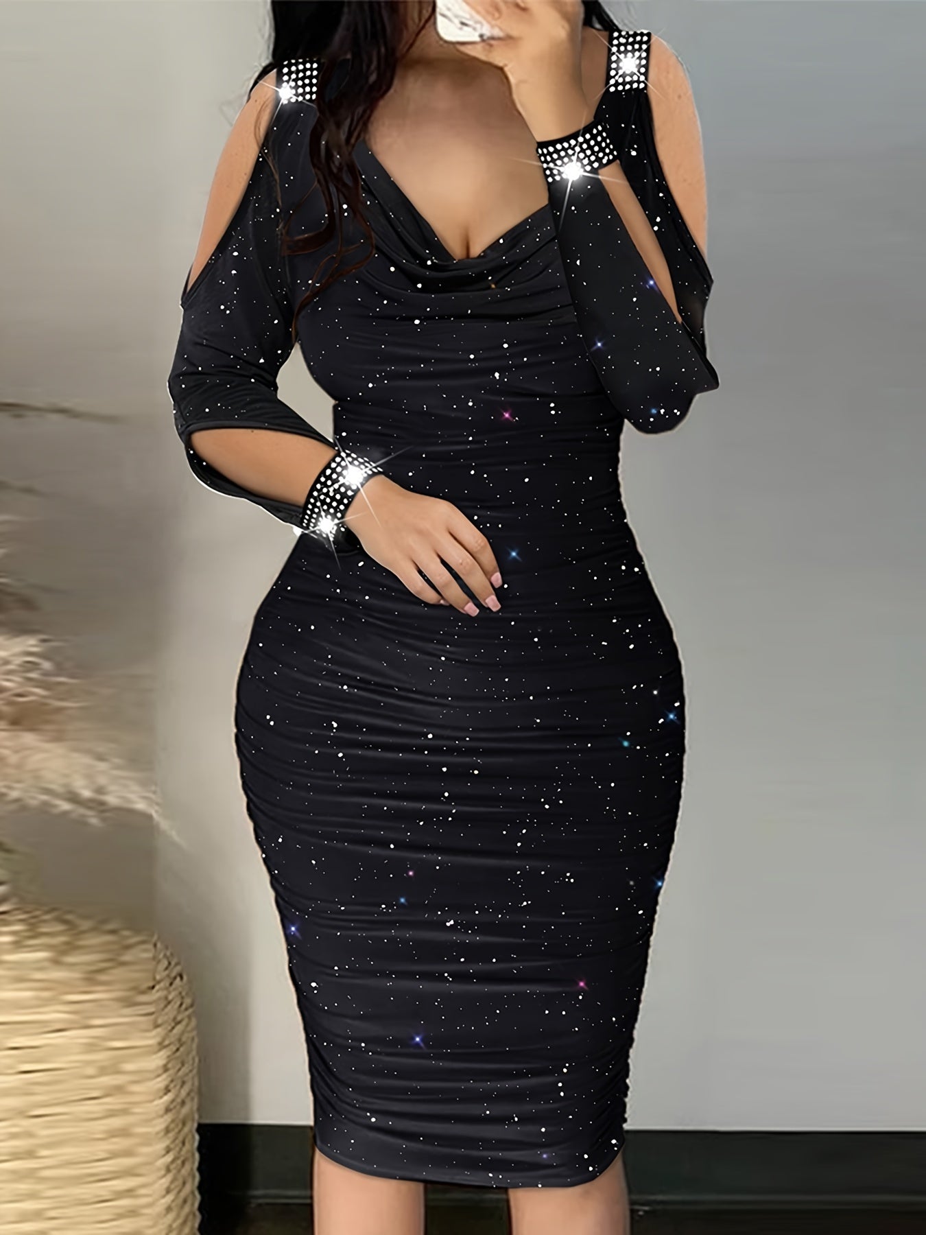 Cold Shoulder Ruched Body Con Dress Solid Sexy Dress For Spring & Fall