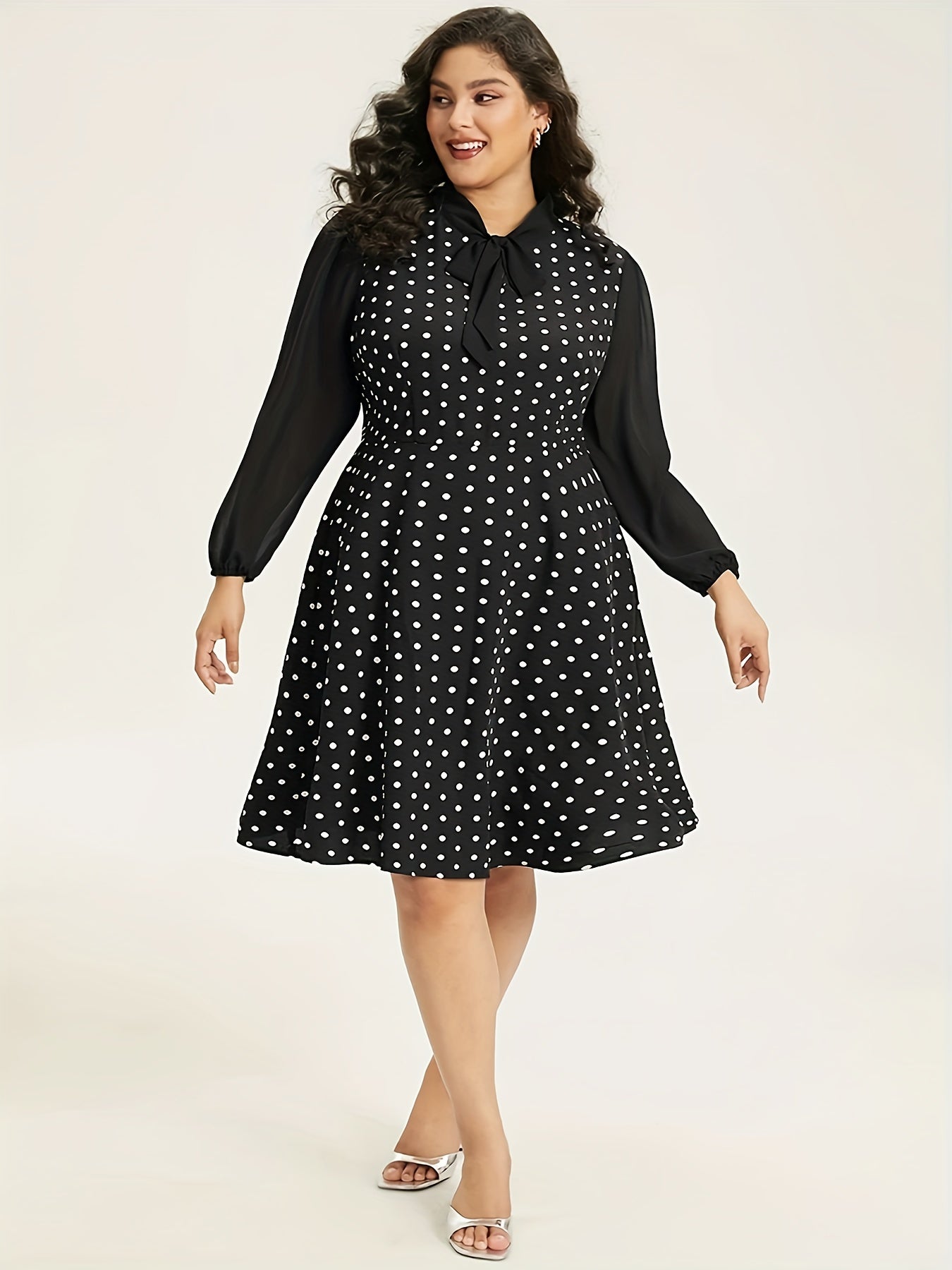 Polka Dot Long Sleeve Dress with Bow Knot