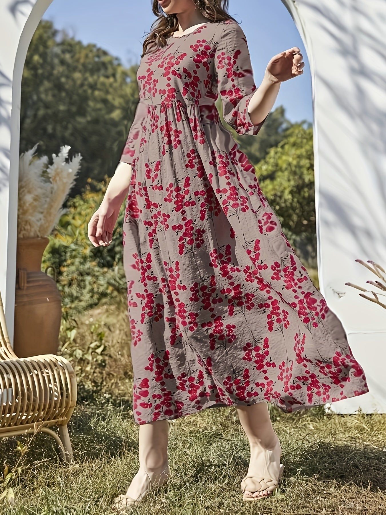 Boho Dress Women's Plus Floral Print Ruched Loose Fit Dress