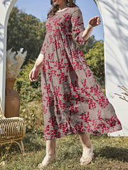 Boho Dress Women's Plus Floral Print Ruched Loose Fit Dress