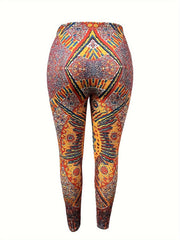 Plus Size Boho Leggings Women's Plus Tribal Print High Rise Leggings