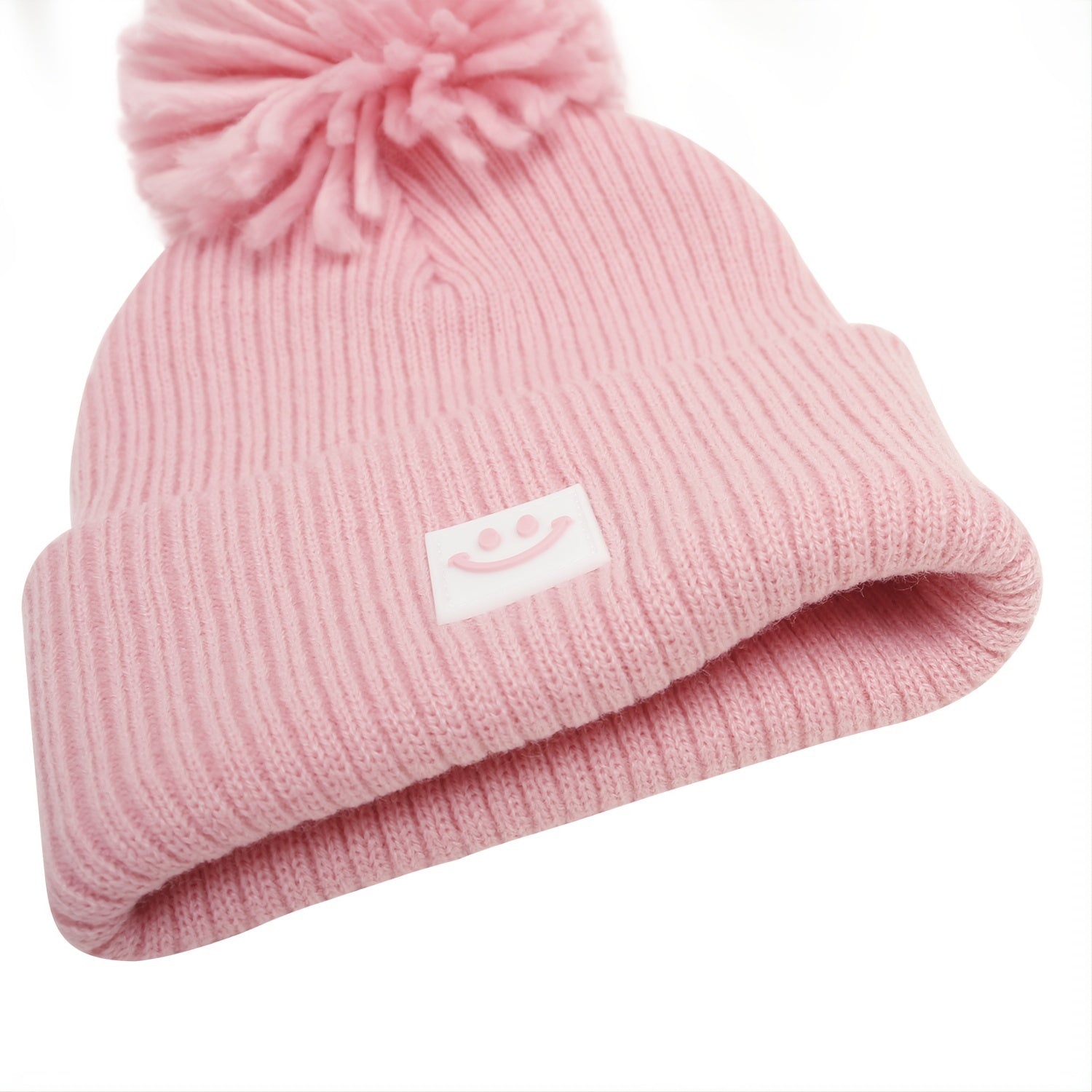 Kids Winter Beanie Knitted Hat Warm Smiling Face Graphic Cap With Pom Pom