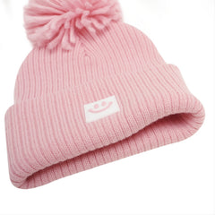 Kids Winter Beanie Knitted Hat Warm Smiling Face Graphic Cap With Pom Pom