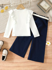 Girls Ruffle 2pcs Top & Wide Leg Pants Set with Belt - Spring Fall