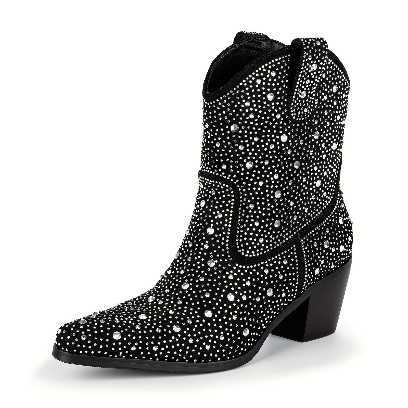 Women's Rhinestone Cowboy Boots Pointed Toe Chunky Heel Dress Boots