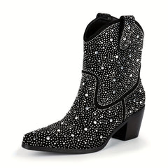Women's Rhinestone Cowboy Boots Pointed Toe Chunky Heel Dress Boots