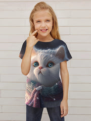 Winter Cat Graphic T shirt Girls Short Sleeve Tees Summer Clothes