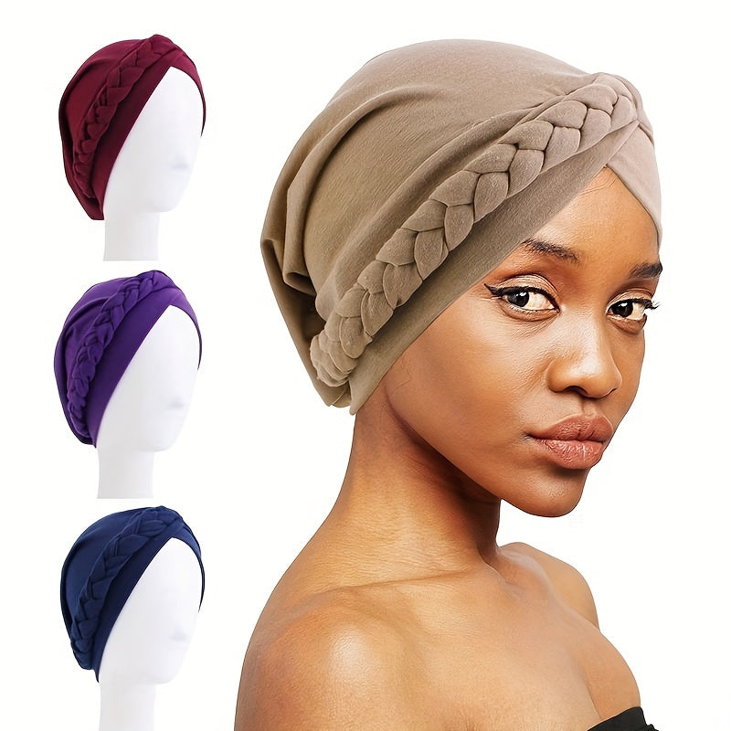 Braided Pre-tied Turban Cap Solid Head Wrap Lightweight Bonnet Chemo Hat