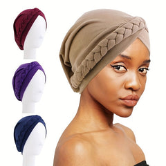 Braided Pre-tied Turban Cap Solid Head Wrap Lightweight Bonnet Chemo Hat