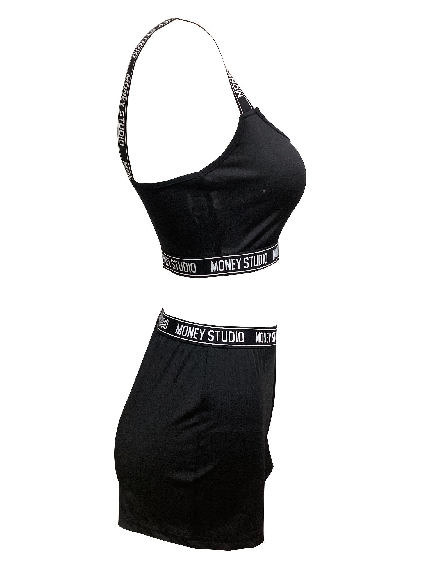 Letter Tape 2pc Set Crop Cami Top & Biker Shorts Outfits Women