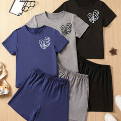Boys Bear Graphic Print Tee & Shorts Set Summer Kids Outfit