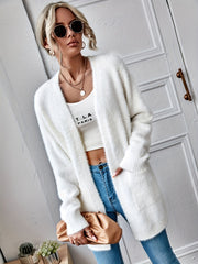 Fuzzy Mid Length Knit Cardigan Long Sleeve Sweater