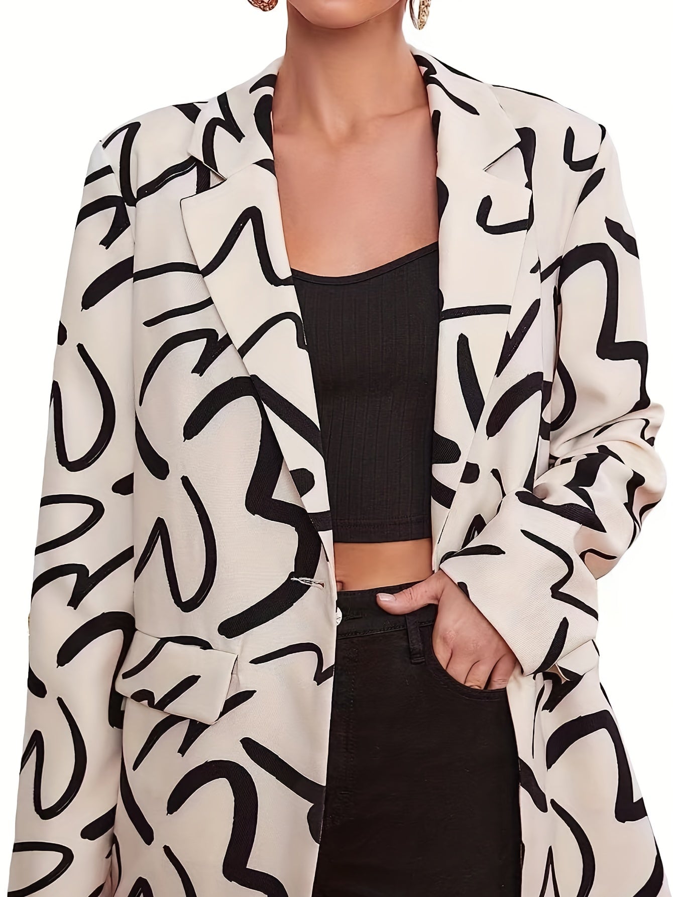 Allover Print Lapel Neck Blazer Business Casual Flap Pockets Long Sleeve Blazer