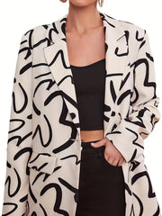 Allover Print Lapel Neck Blazer Business Casual Flap Pockets Long Sleeve Blazer