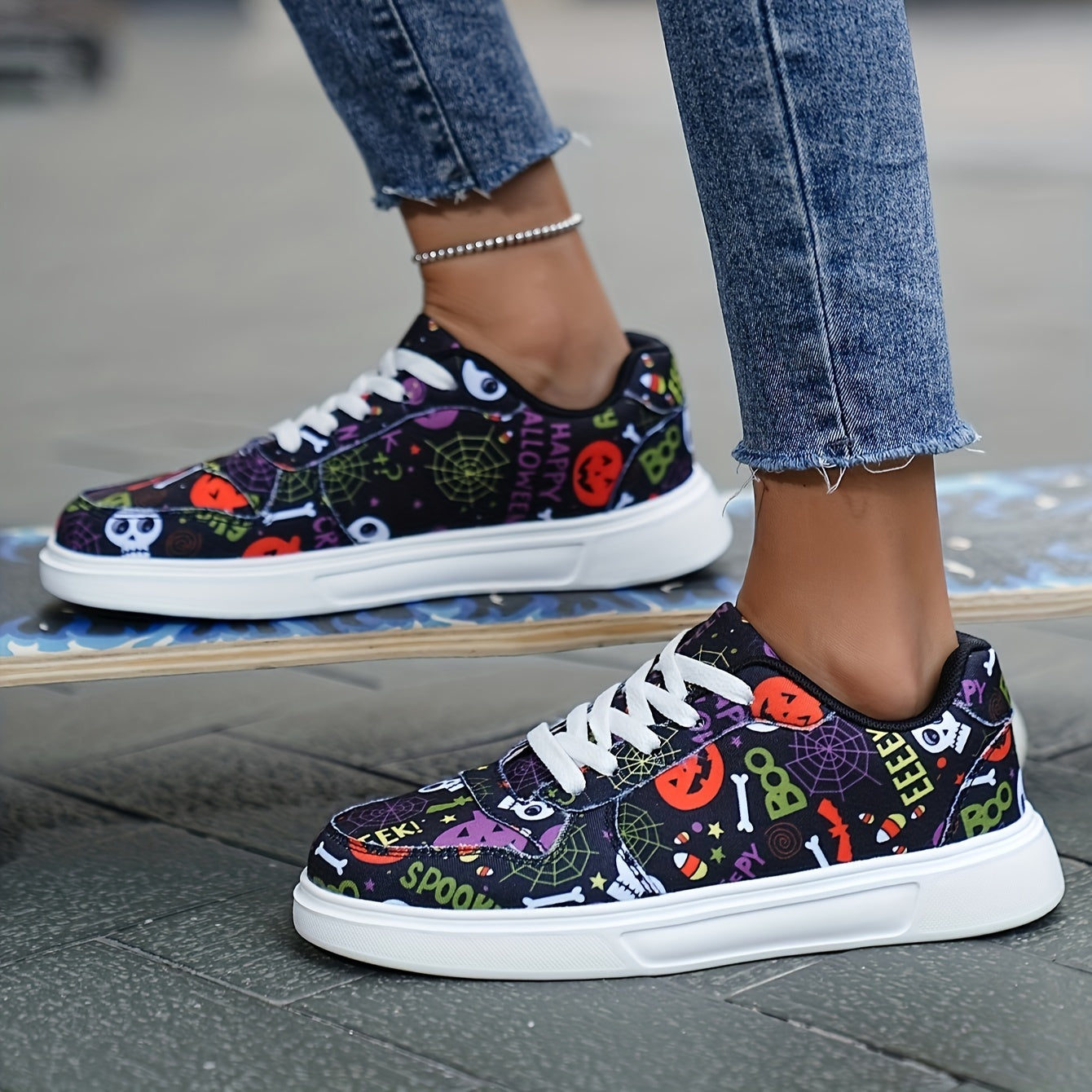 Halloween Graffiti Print Canvas Sneakers