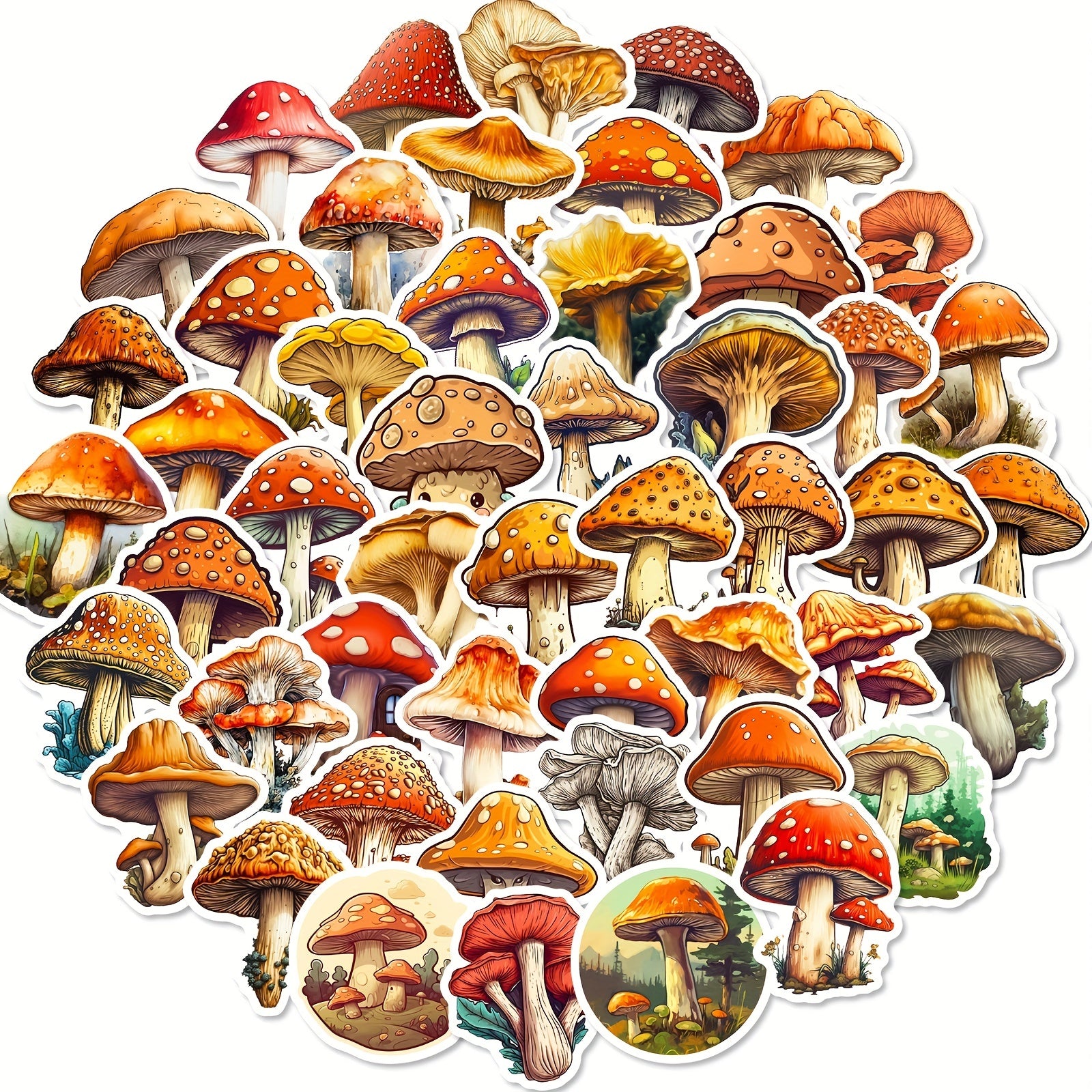 50pc Retro Plant Mushroom & Guitar Sticker Notebook Doodles Fun Decor